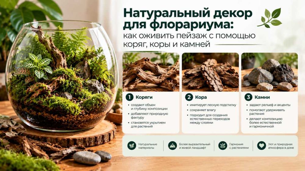 Натуральный декор для флорариума: как оживить пейзаж с помощью коряг, коры и камней
